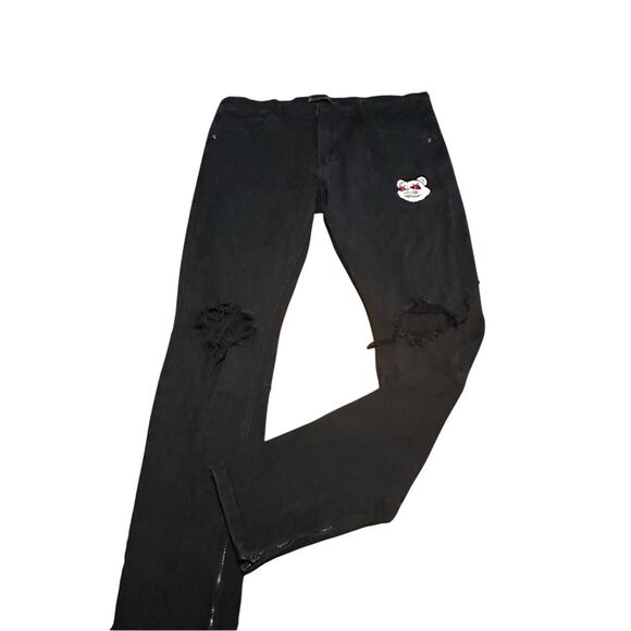 KDNK Jeans 1141411 Mens Distressed Skinny Zipper Ankle Embroidered Bear 38x31 - Picture 1 of 12